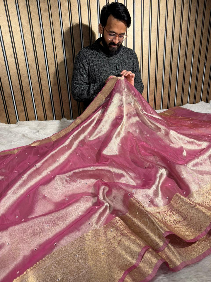 Metallic pink Kora tissue mirror work Banarasi saree