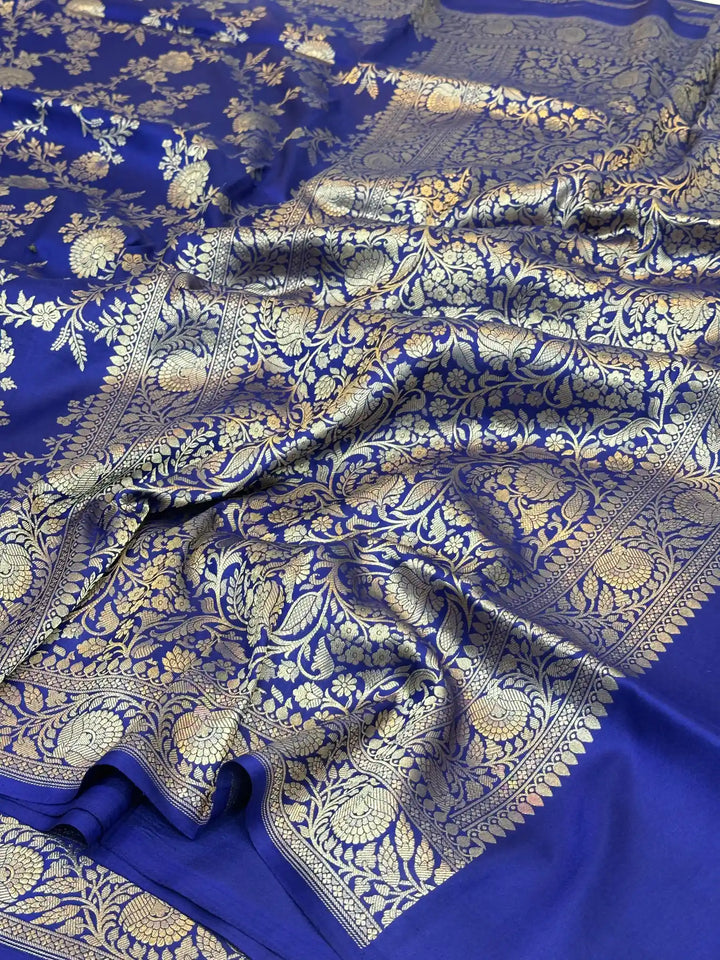 Midnight blue floral pure katan silk Banarasi saree