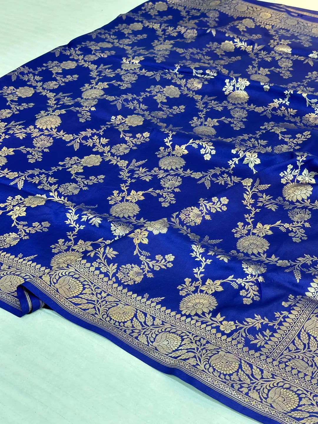Midnight blue floral pure katan silk Banarasi saree