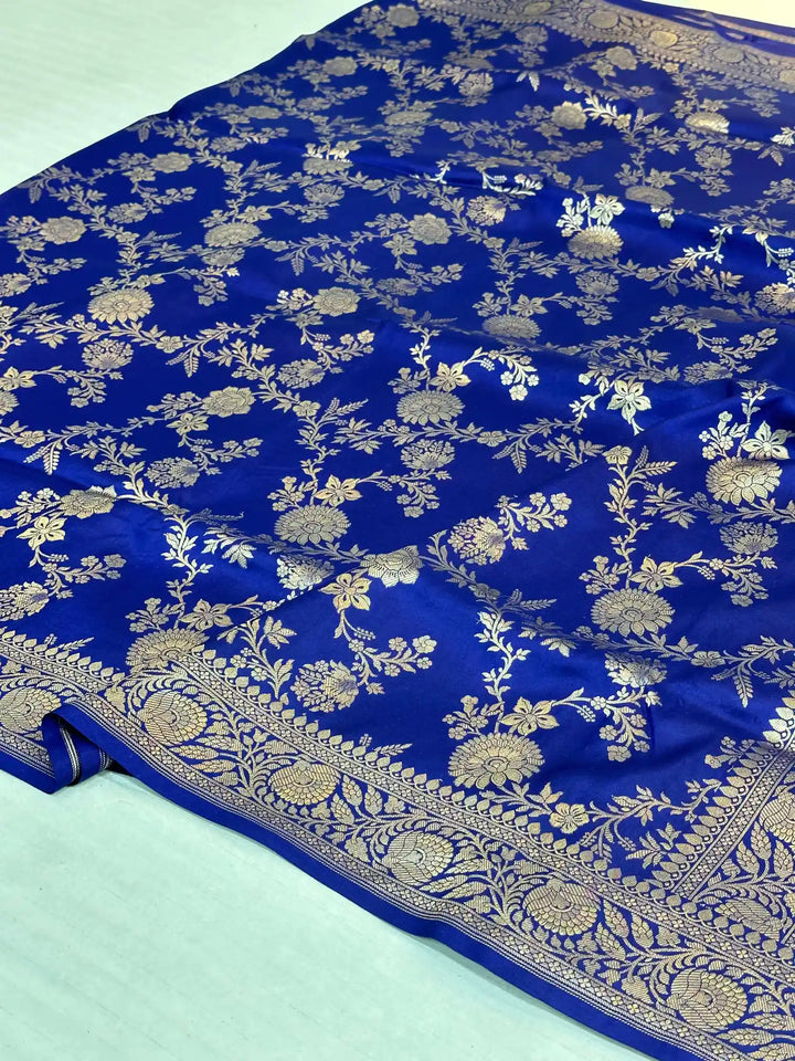Midnight blue floral pure katan silk Banarasi saree
