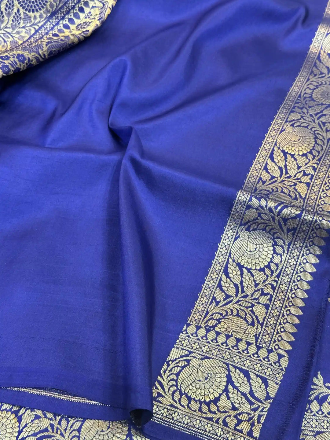 Midnight blue floral pure katan silk Banarasi saree