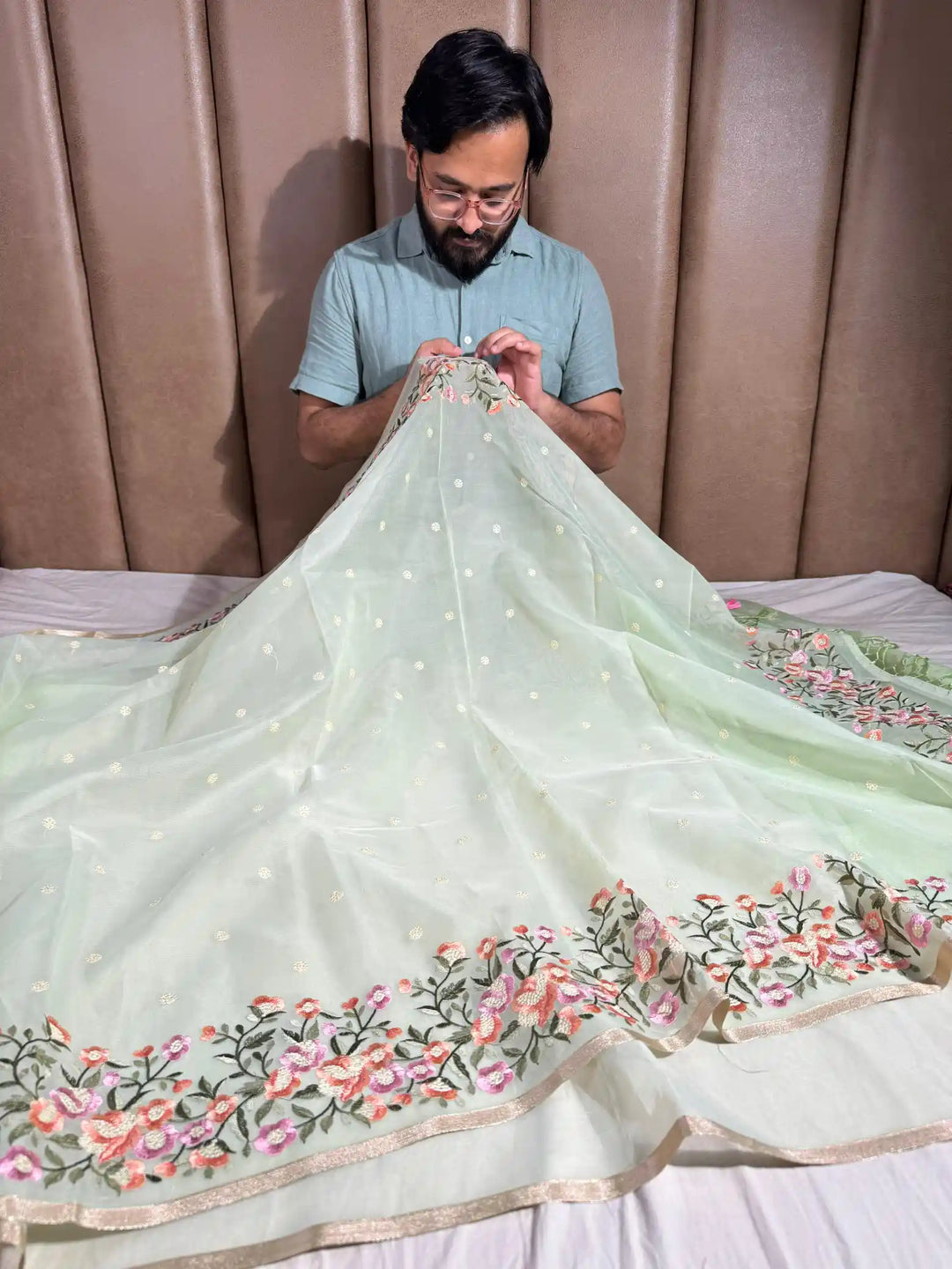 Mint Green Banarasi organza silk with NoorTaar technique border and pallu work with premium tassels