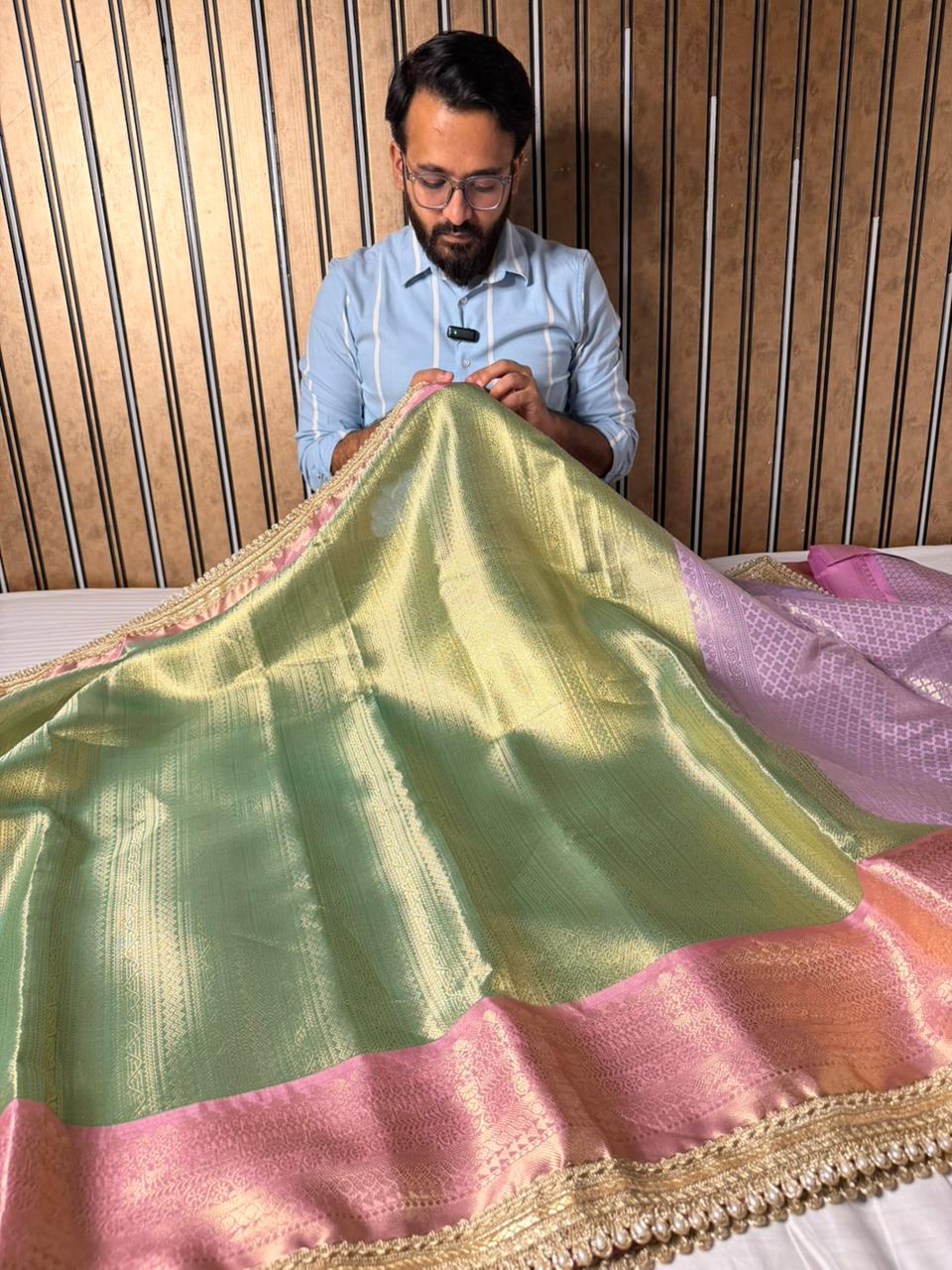 Mint Green Brocade Tissue Silk Designer Lace Work Banarasi Saree