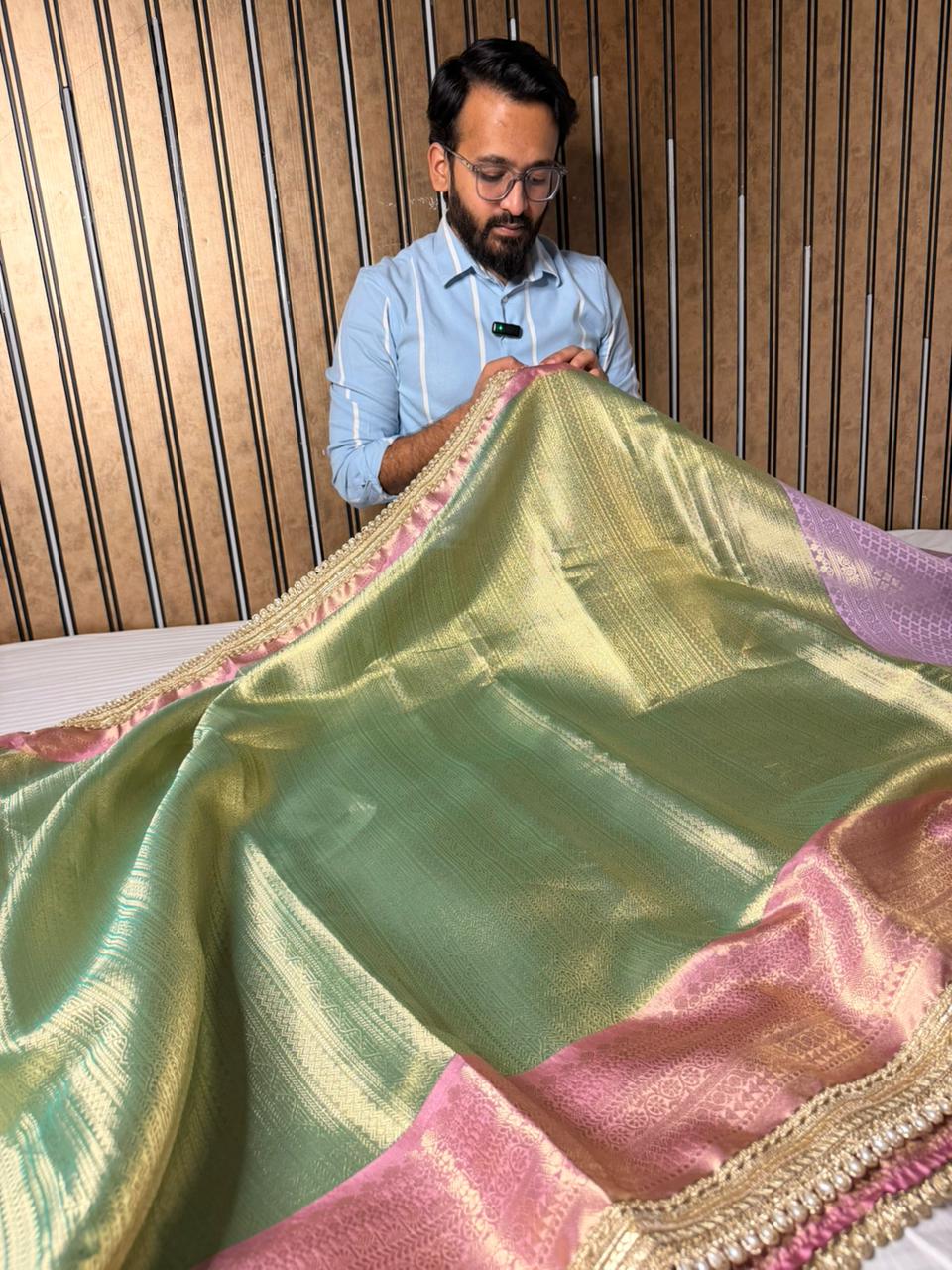 Mint Green Brocade Tissue Silk Designer Lace Work Banarasi Saree