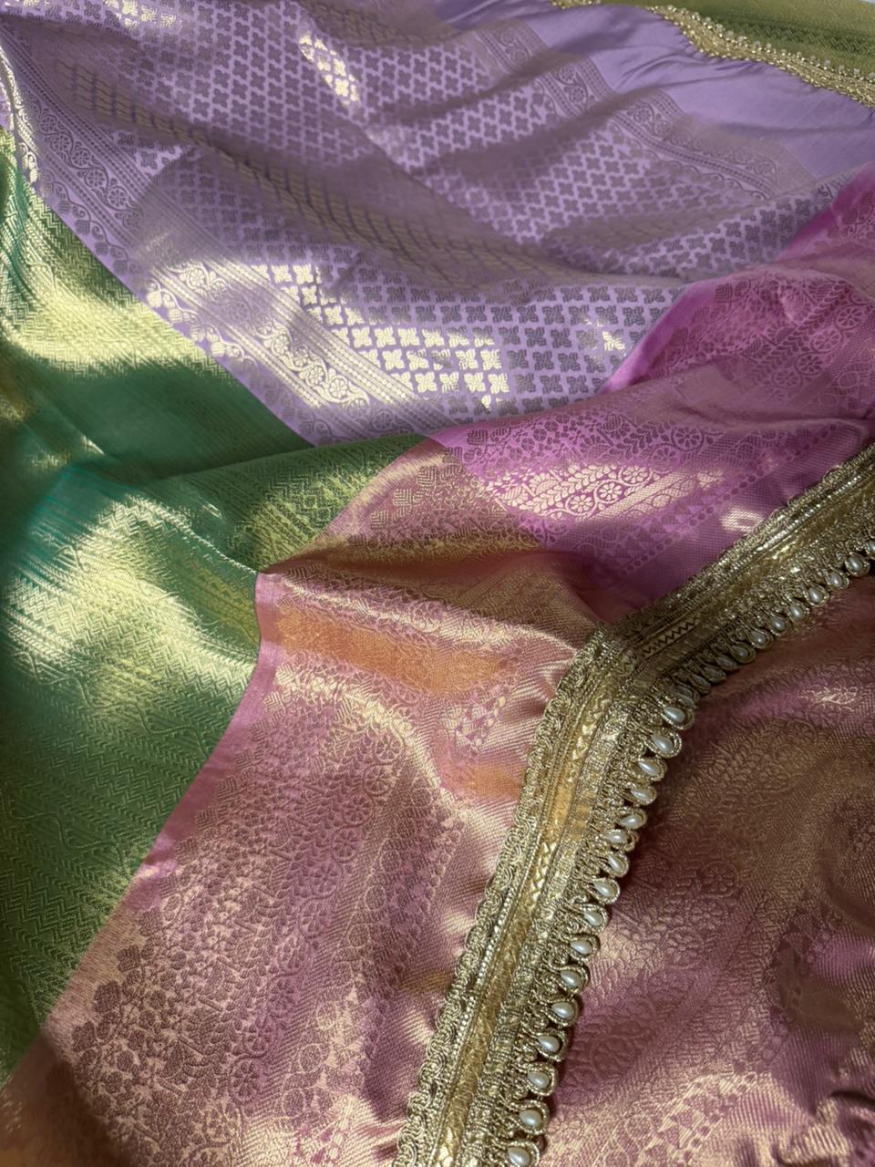 Mint Green Brocade Tissue Silk Designer Lace Work Banarasi Saree