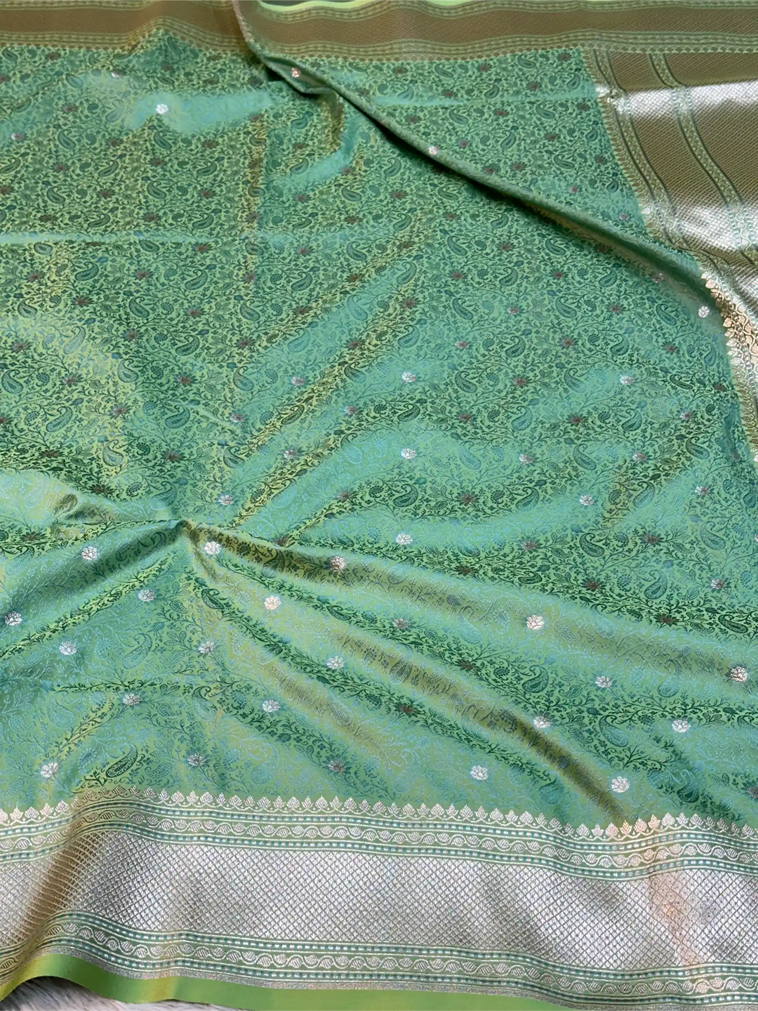 Mint Green Intricate Mashru Katan Silk Tanchoi Banarasi Saree