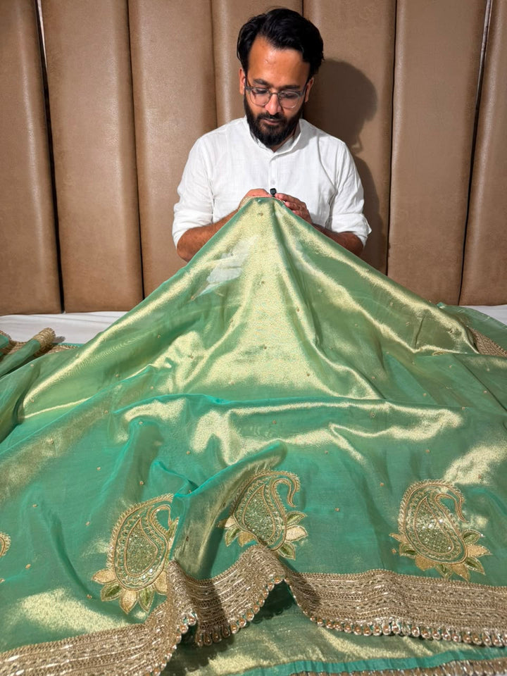 Mint Green Kora Tissue Silk Handwork Saree