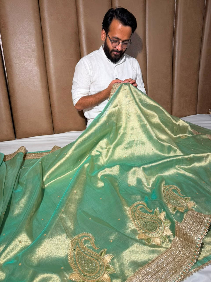 Mint Green Kora Tissue Silk Handwork Saree