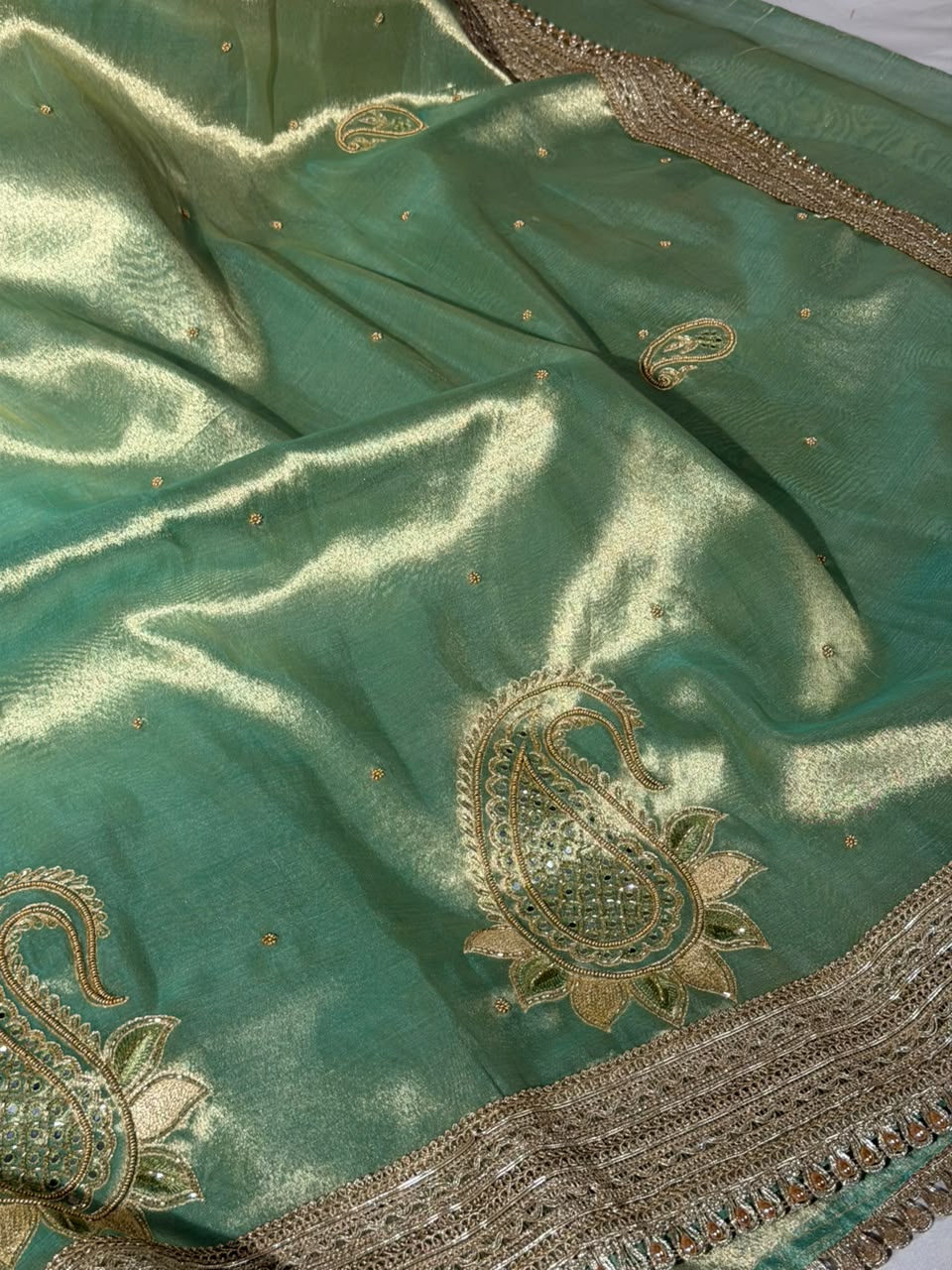 Mint Green Kora Tissue Silk Handwork Saree