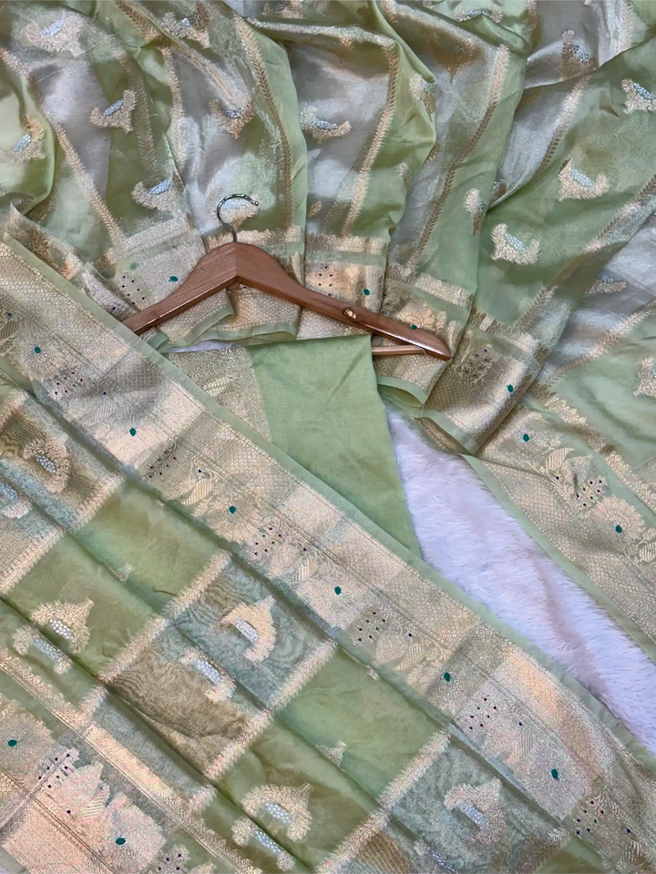 Mint Green Rare Chinia Tissue Heritage Banarasi Saree