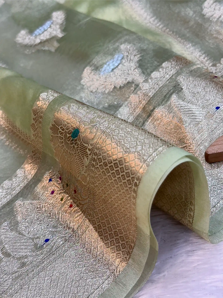 Mint Green Rare Chinia Tissue Heritage Banarasi Saree