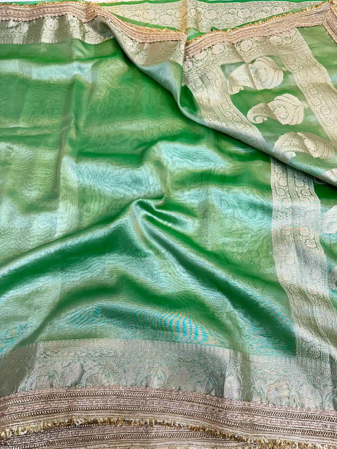 Mint Green Tissue Silk Lace Attached Banarasi Saree