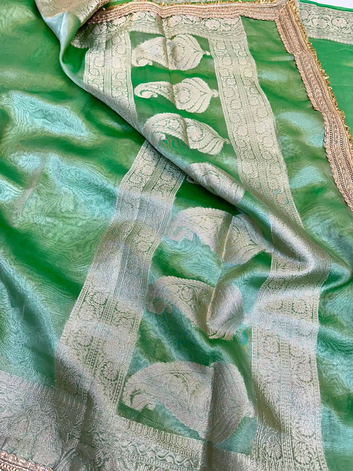 Mint Green Tissue Silk Lace Attached Banarasi Saree