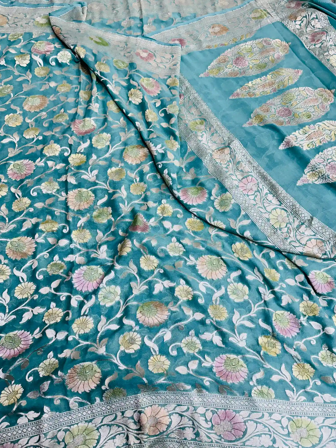Mint Green Handbrush Khaddi Georgette Banarasi Saree