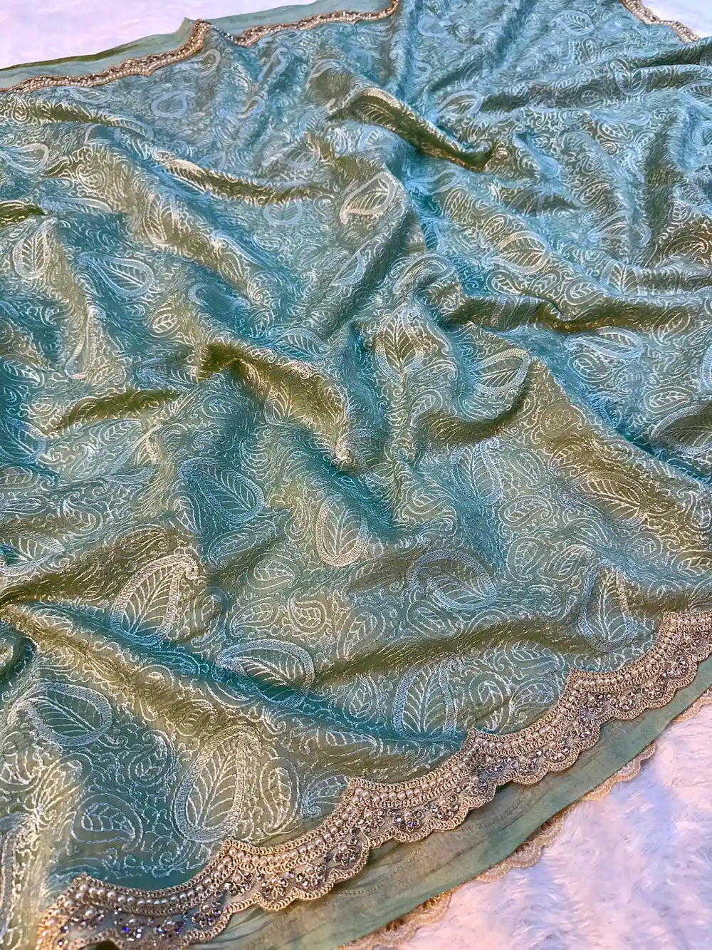 Mint Green Pure Mul Chanderi Chikankari Embroidery Saree