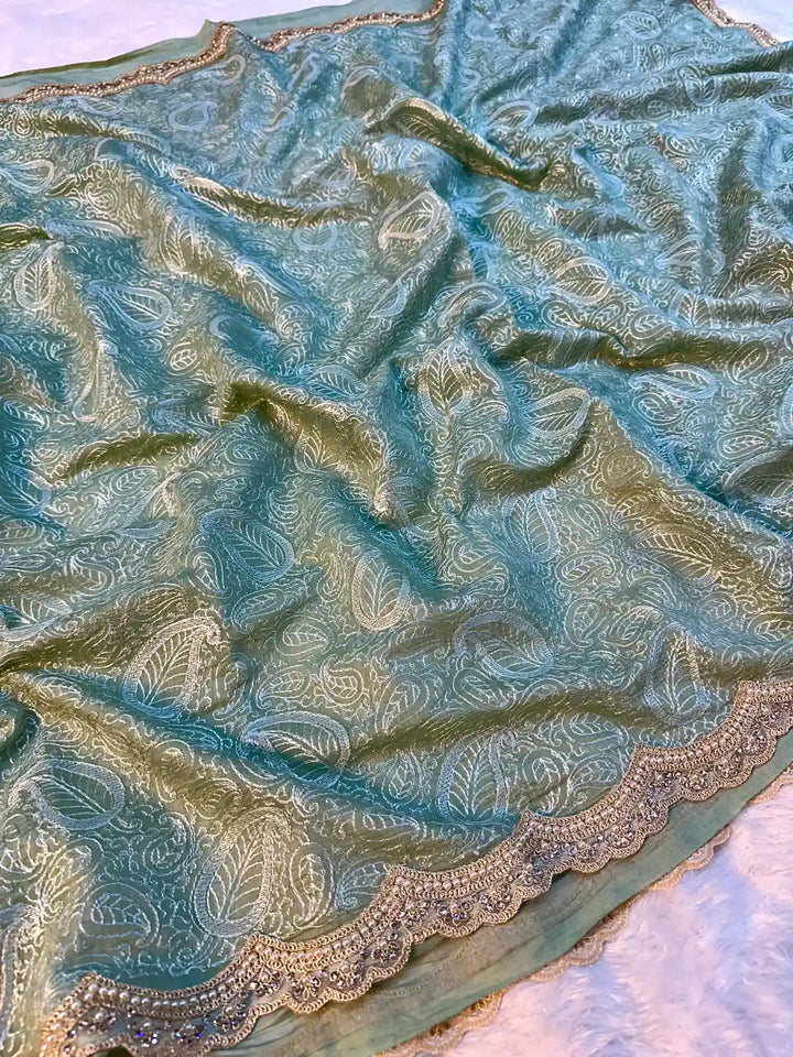 Mint Green Pure Mul Chanderi Chikankari Embroidery Saree