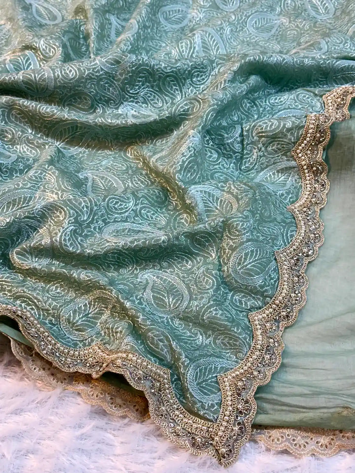 Mint Green Pure Mul Chanderi Chikankari Embroidery Saree