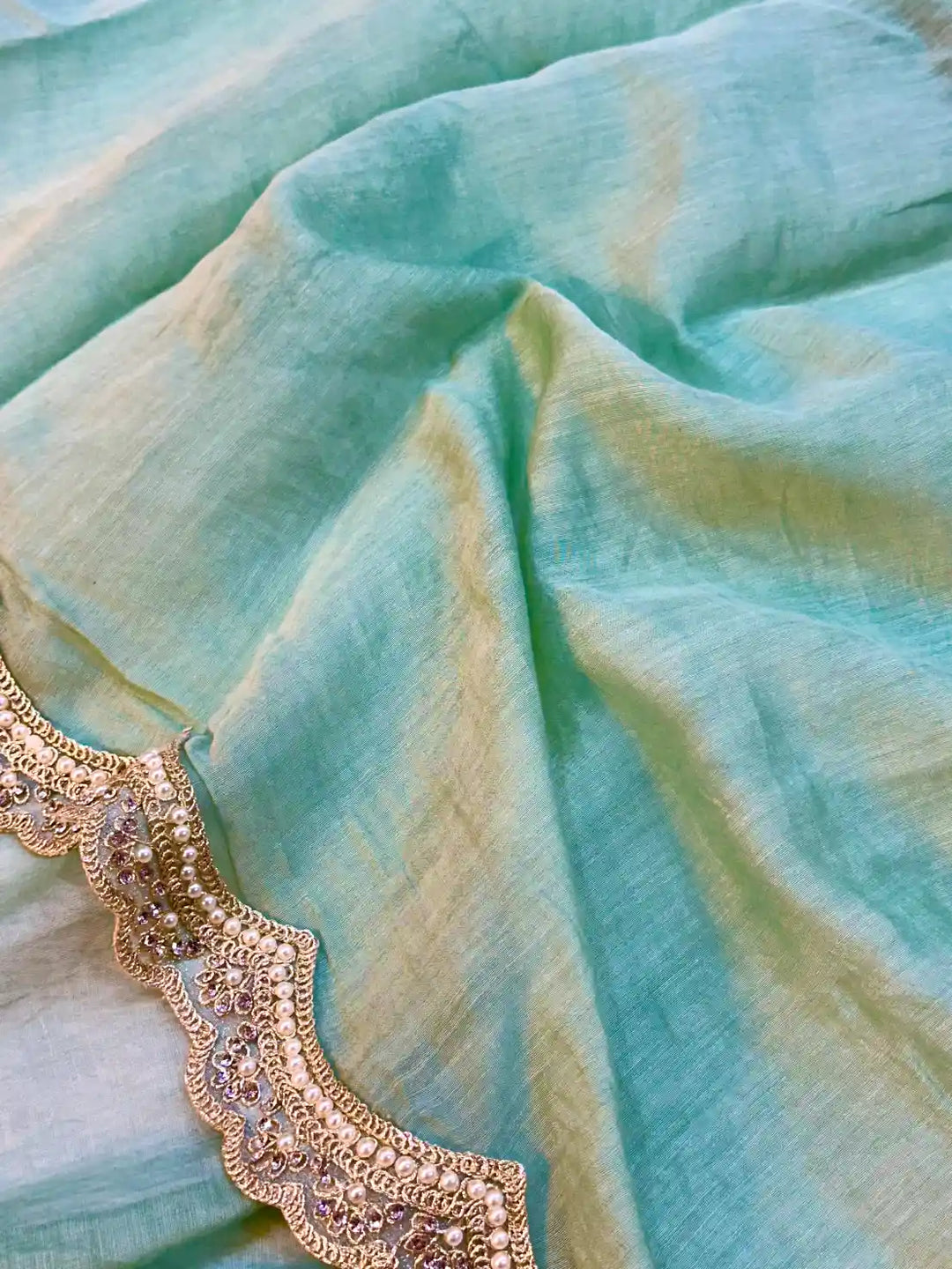 Mint Green Pure Mul Chanderi Chikankari Embroidery Saree