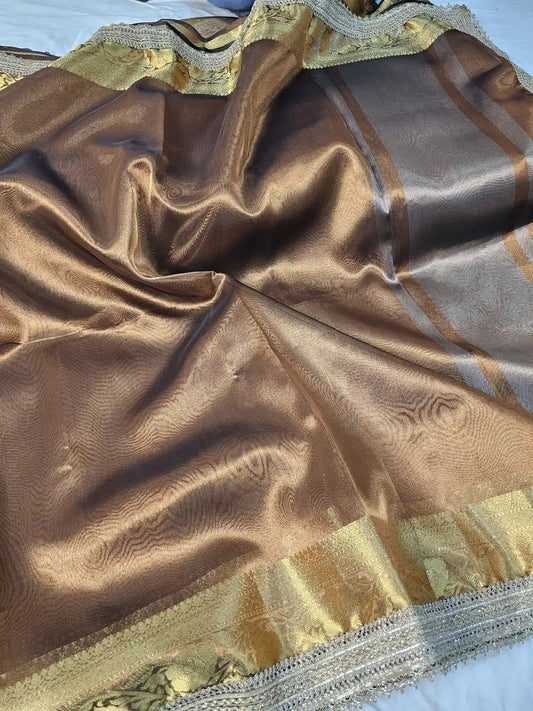 Moose Brown Premium Tissue Silk Saree with Exclusive Lace Work