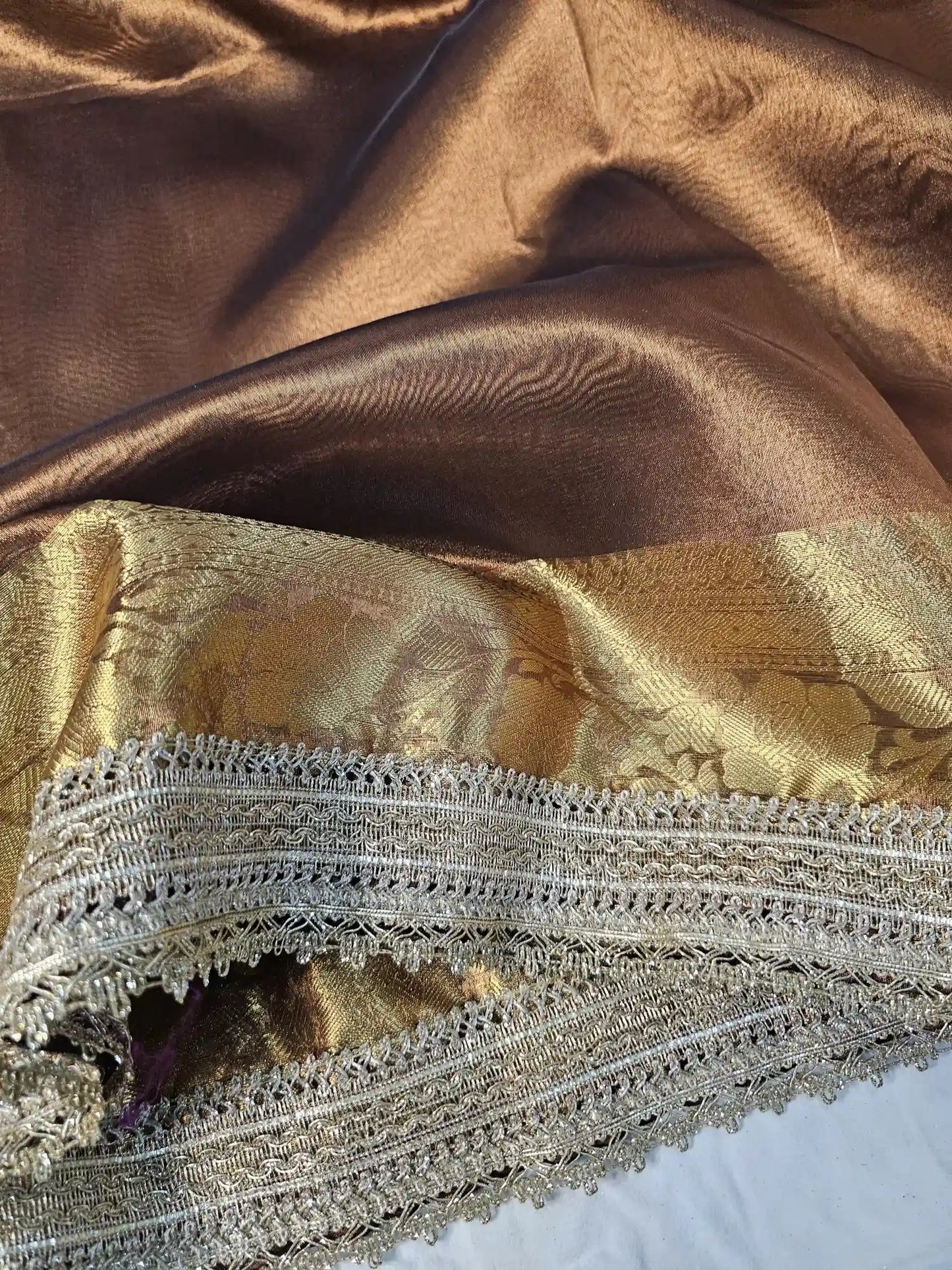 Moose Brown Premium Tissue Silk Saree with Exclusive Lace Work