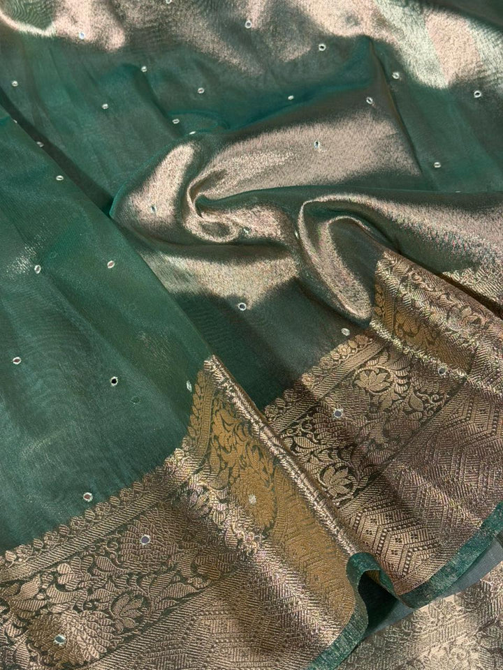 Moose Green Kora Tissue Silk Mirror Work Saree