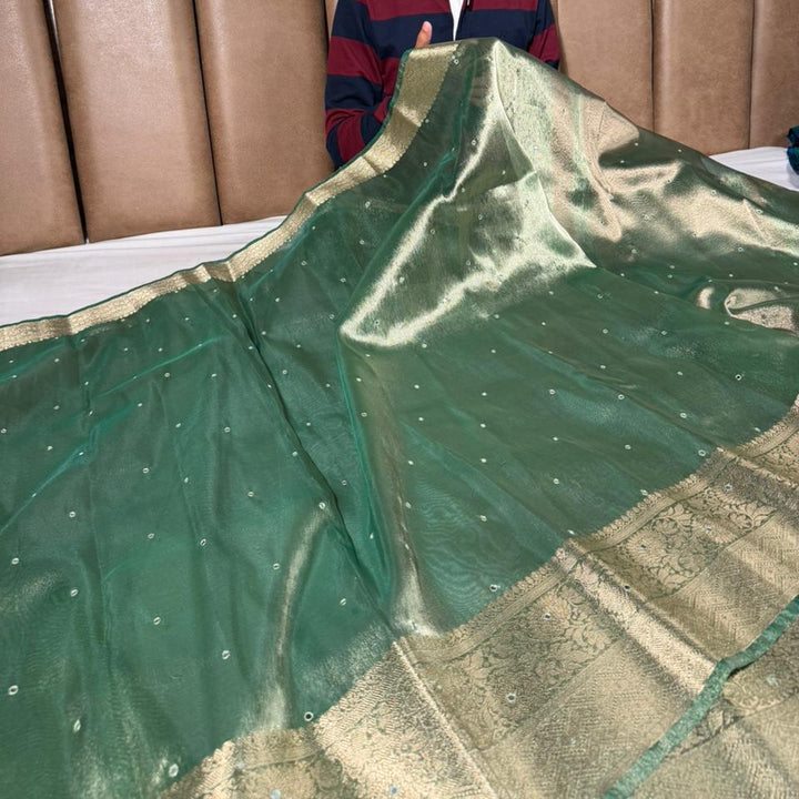 Moose Green Kora Tissue Silk Mirror Work Saree
