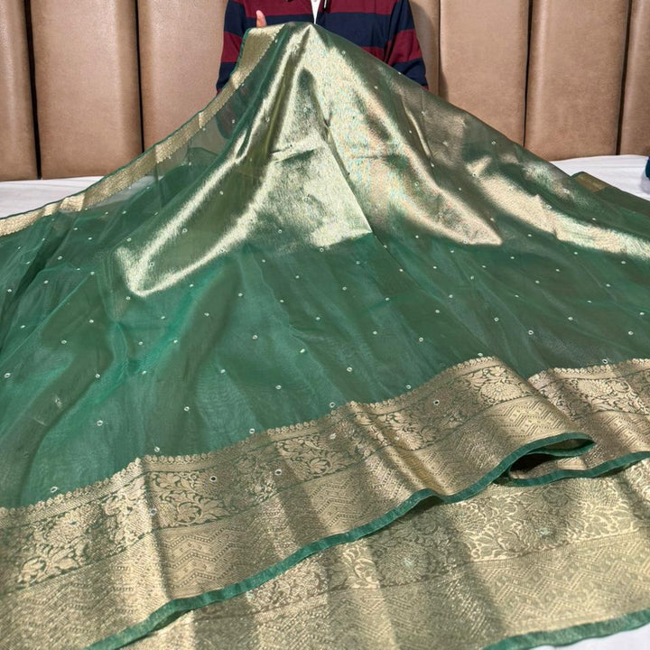 Moose Green Kora Tissue Silk Mirror Work Saree