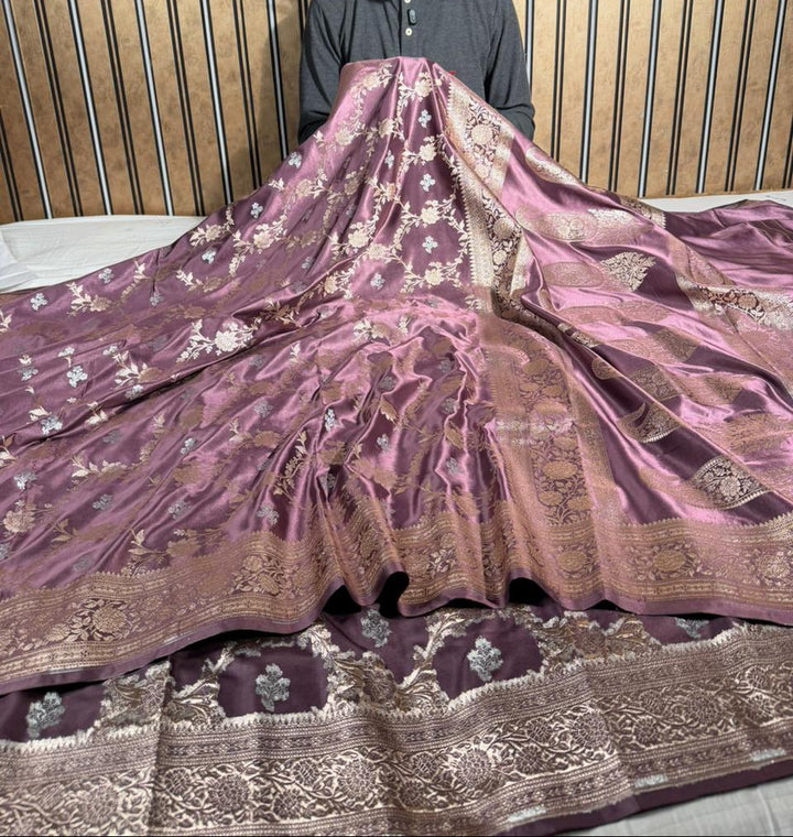 Moose Lavender Mashru Katan Silk Meenakari Floral Weave Banarasi Saree