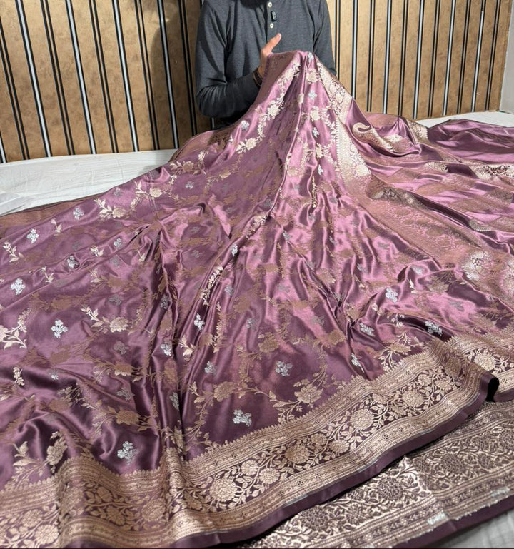 Moose Lavender Mashru Katan Silk Meenakari Floral Weave Banarasi Saree
