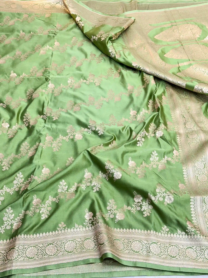 Moss Green Mashru Katan Silk Leheriya Weave Banarasi Saree