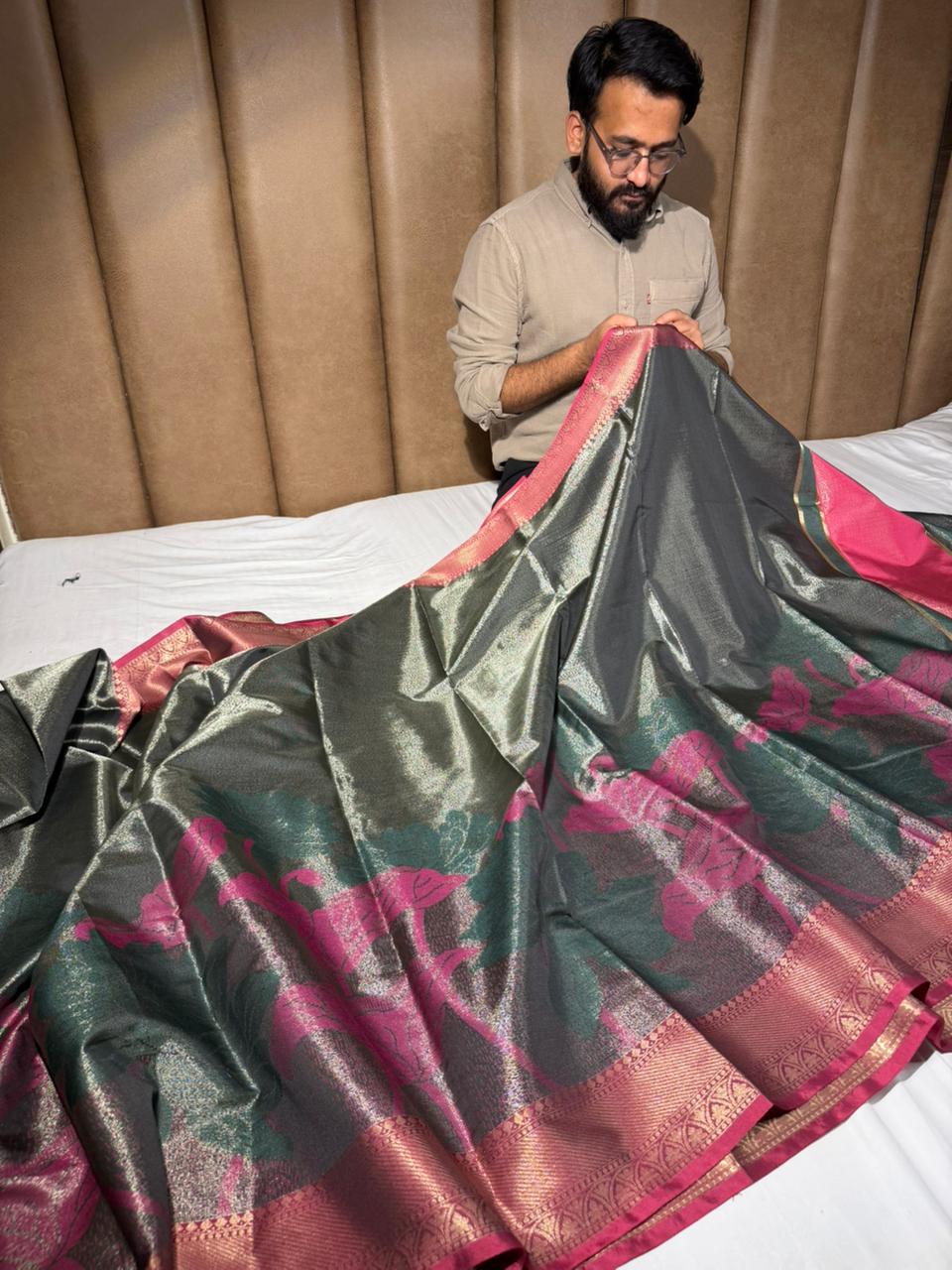 Most Premium Banarasi Tissue With Grand Floral Weave Design