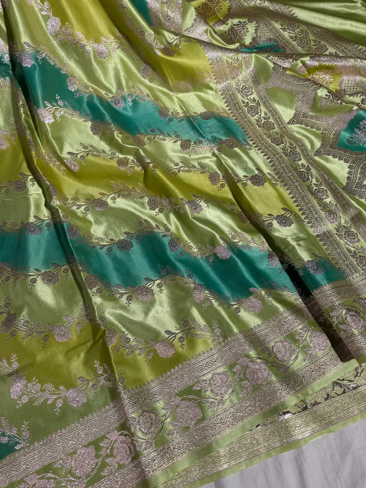 Multi Green colour Banarasi Mashru Katan Silk Handbrush Saree with Rich Pallu and Blouse