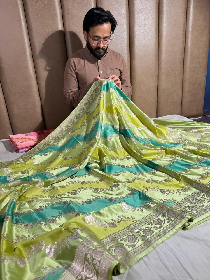 Multi Green colour Banarasi Mashru Katan Silk Handbrush Saree with Rich Pallu and Blouse