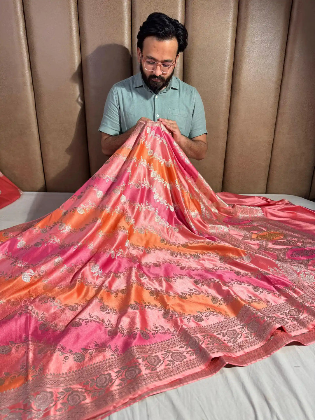 Multicolour Banarasi Mashru Katan Silk Handbrush Saree with Rich Pallu and Blouse