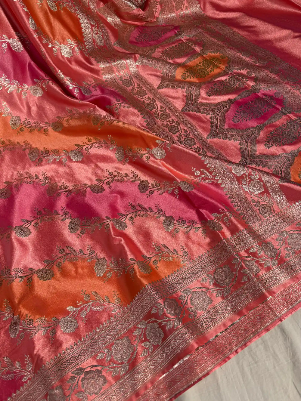 Multicolour Banarasi Mashru Katan Silk Handbrush Saree with Rich Pallu and Blouse