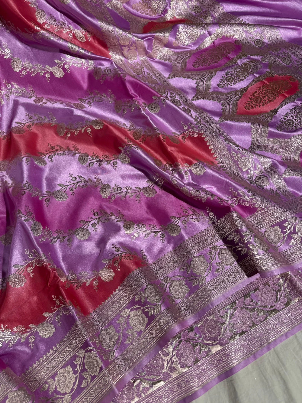 Multicolour Banarasi Mashru Katan Silk Handbrush Saree with Rich Pallu and Blouse