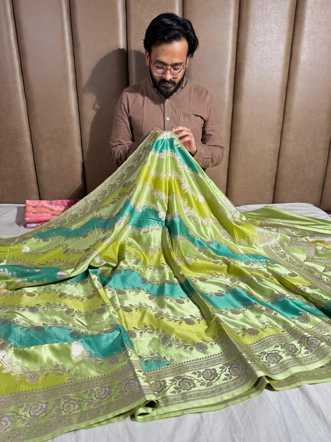 Multicolour Banarasi Mashru Katan Silk Handbrush Saree with Rich Pallu and Blouse