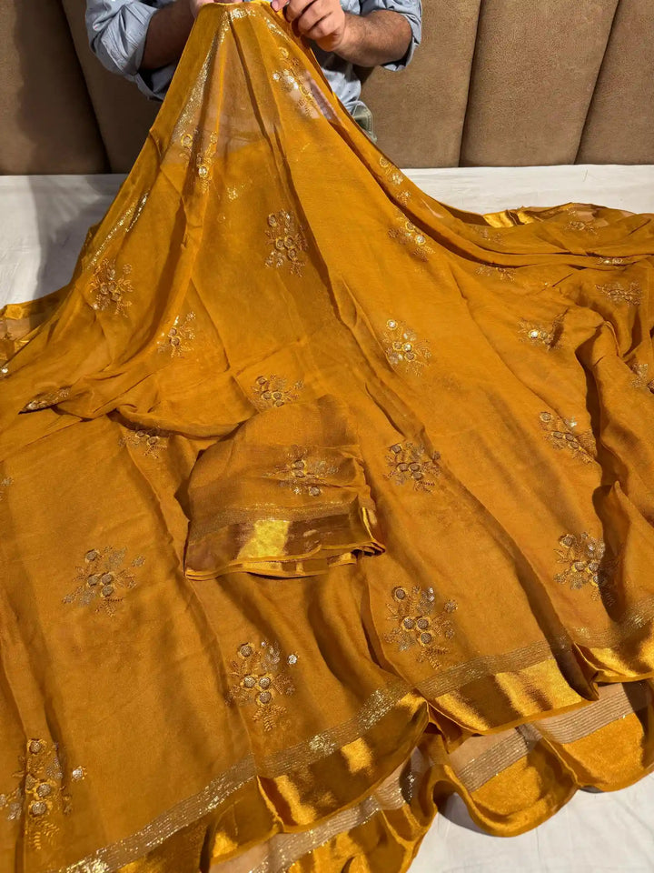 Mustard Banarasi Georgette Silk Saree with Thread Sequence Work