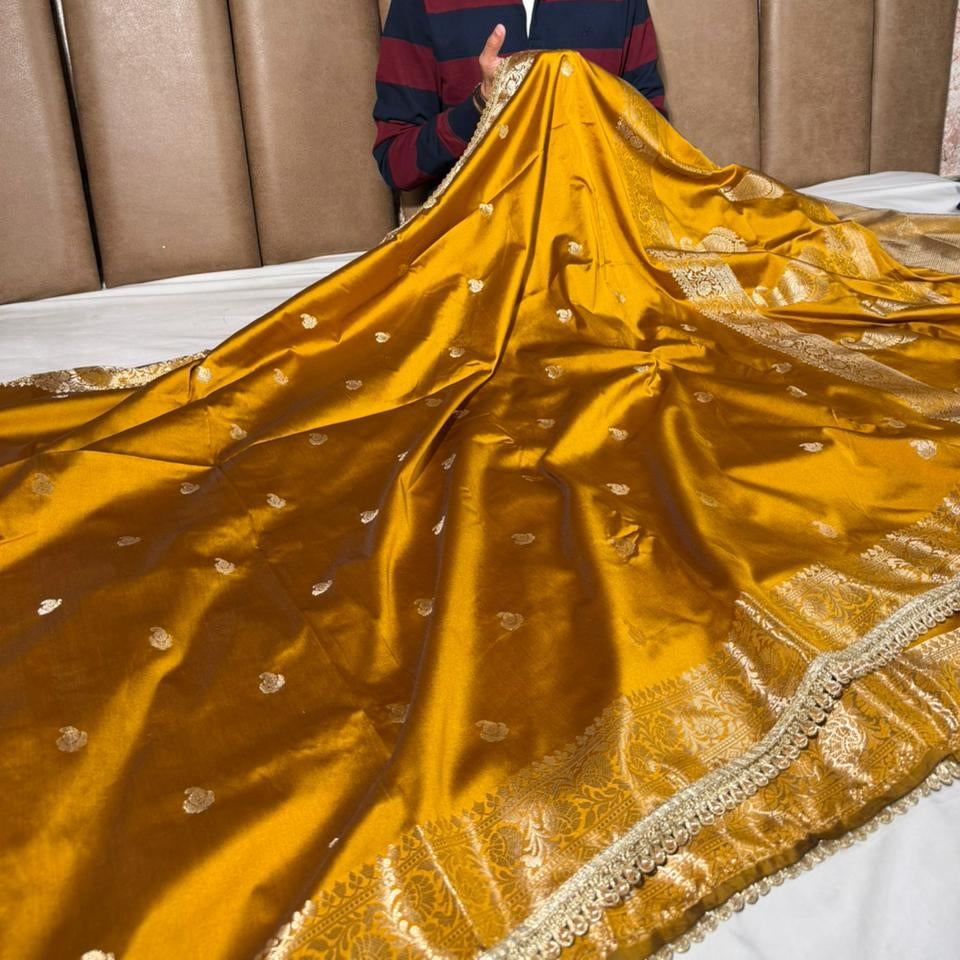 Mustard Banarasi Silk Lace Work Saree