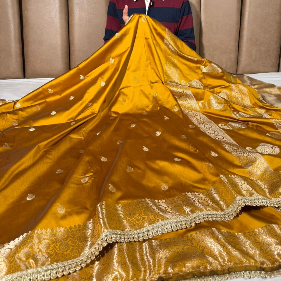 Mustard Lavender Banarasi Silk Lace Work Saree