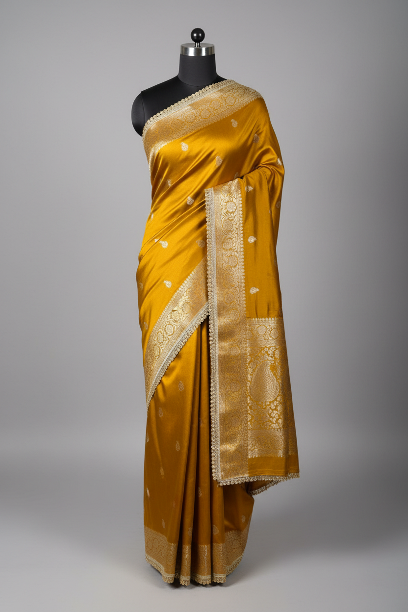 Mustard Banarasi Silk Lace Work Saree