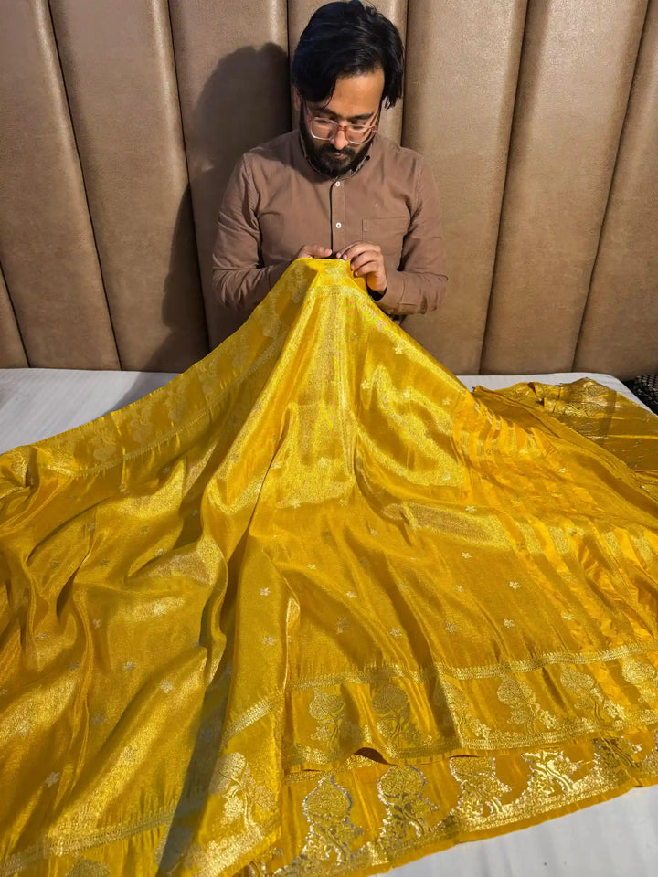 Mustard Yellow Breathable Katan Tissue Silk Saree with Rich Pallu and Blouse