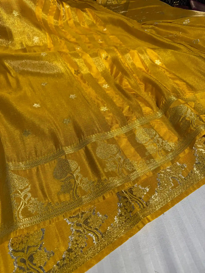 Mustard Yellow Breathable Katan Tissue Silk Saree with Rich Pallu and Blouse