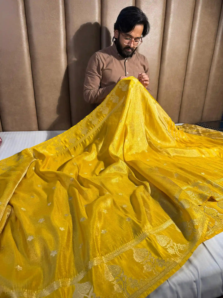 Mustard Yellow Breathable Katan Tissue Silk Saree with Rich Pallu and Blouse