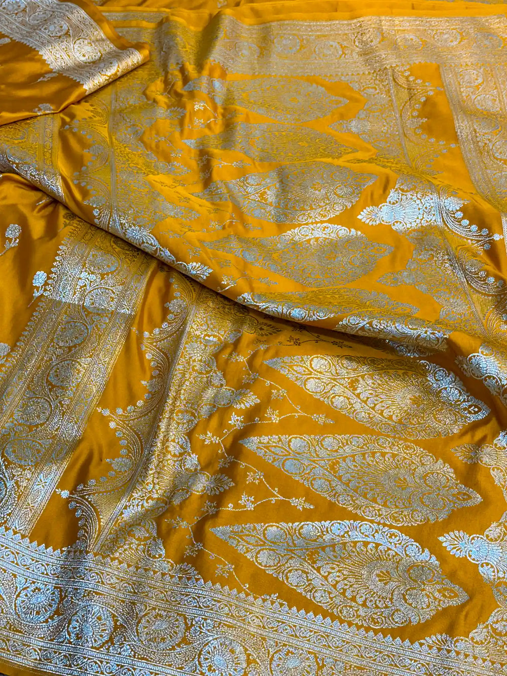 Mustard Yellow Mashru Katan Banarasi Saree with Zari Buti