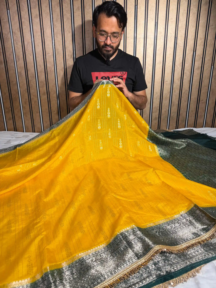 Mustard Yellow Eccentric Chiniya Silk Designer Banarasi Saree