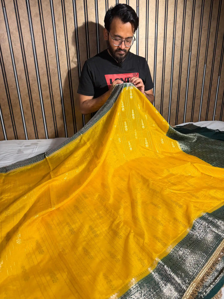 Mustard Yellow Eccentric Chiniya Silk Designer Banarasi Saree
