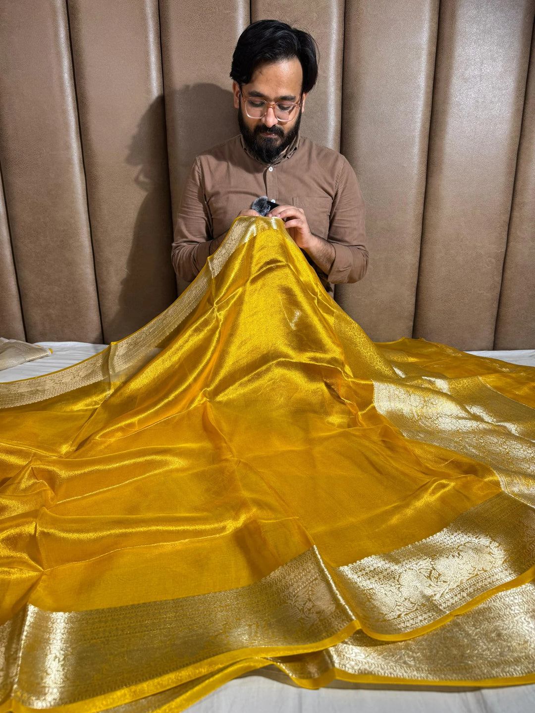 Mustard colour Pure Banarasi tissue silk saree rich pallu