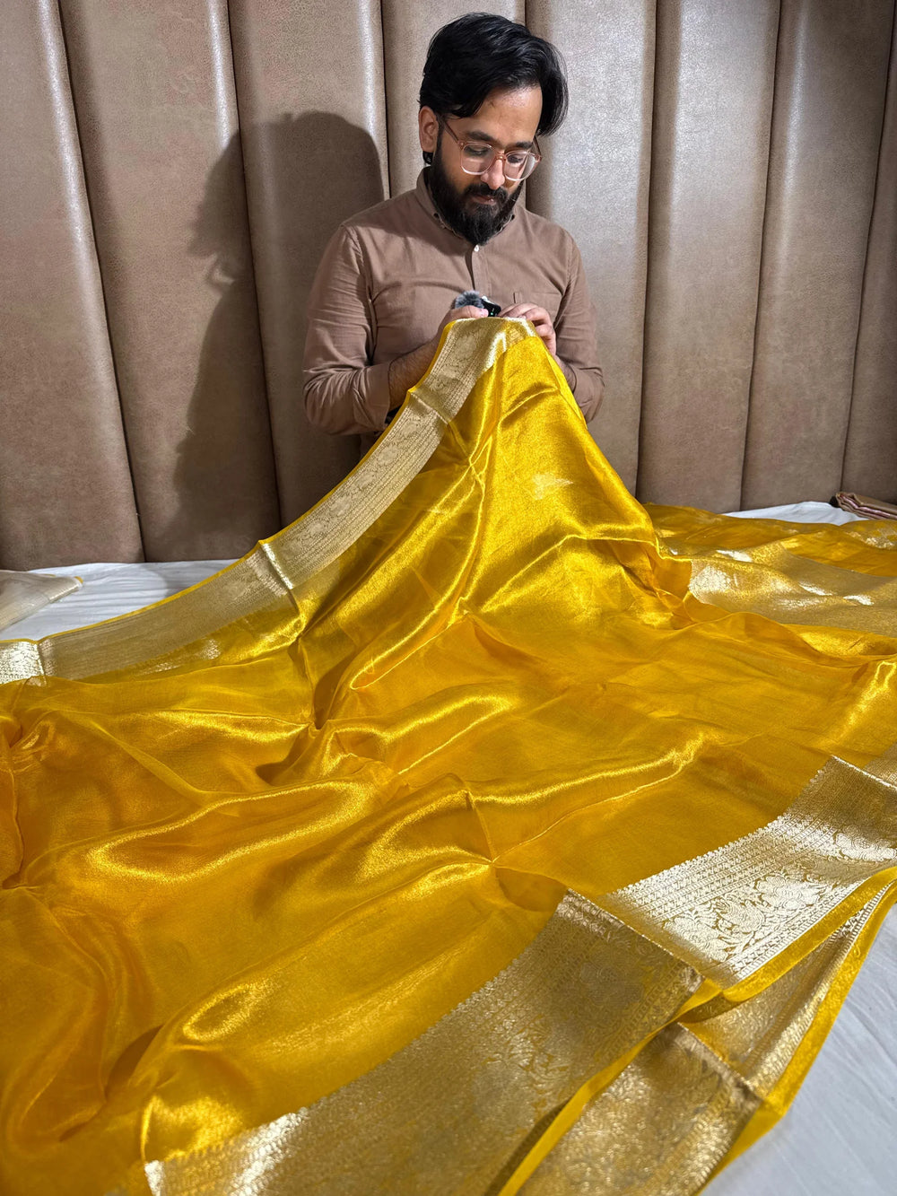 Mustard colour Pure Banarasi tissue silk saree rich pallu
