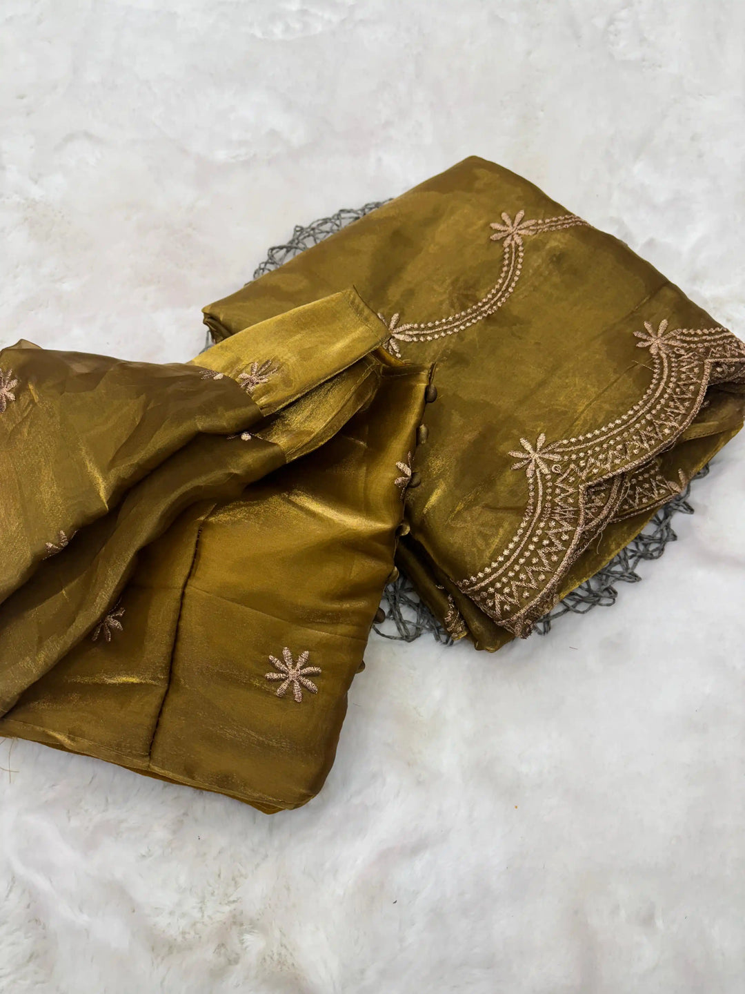 Mustardish Gold Shimmery Tissue Silk Designer saree
